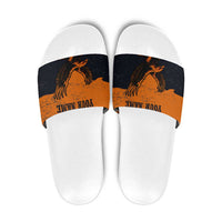 Flying Eagle Carrying Bowling Ball Slide Sandals with Grunge Orange and Black Splatter Design - Wonder Print Shop