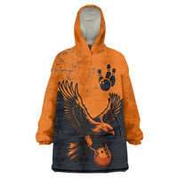 Flying Eagle Carrying Bowling Ball Wearable Blanket Hoodie with Grunge Orange and Black Splatter Design - Wonder Print Shop