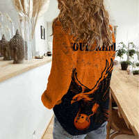 Flying Eagle Carrying Bowling Ball Women Casual Shirt with Grunge Orange and Black Splatter Design - Wonder Print Shop