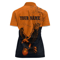 Flying Eagle Carrying Bowling Ball Women Polo Shirt with Grunge Orange and Black Splatter Design - Wonder Print Shop