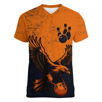 Flying Eagle Carrying Bowling Ball Women V-Neck T-Shirt with Grunge Orange and Black Splatter Design - Wonder Print Shop