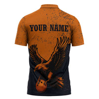 Flying Eagle Carrying Bowling Ball Zipper Polo Shirt with Grunge Orange and Black Splatter Design - Wonder Print Shop