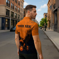 Flying Eagle Carrying Bowling Ball Zipper Polo Shirt with Grunge Orange and Black Splatter Design - Wonder Print Shop