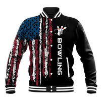 Distressed American Flag Baseball Jacket with Bowling Pins and Ball Vertical Stripe Design - Wonder Print Shop
