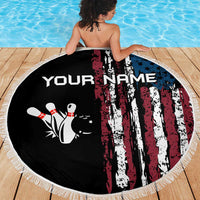 Distressed American Flag Beach Blanket with Bowling Pins and Ball Vertical Stripe Design - Wonder Print Shop