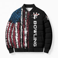 Distressed American Flag Bomber Puffer Jacket with Bowling Pins and Ball Vertical Stripe Design - Wonder Print Shop