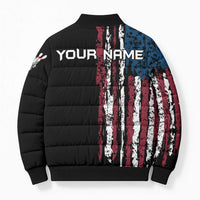 Distressed American Flag Bomber Puffer Jacket with Bowling Pins and Ball Vertical Stripe Design - Wonder Print Shop