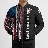 Distressed American Flag Bomber Puffer Jacket with Bowling Pins and Ball Vertical Stripe Design - Wonder Print Shop