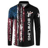 Distressed American Flag Button Sweatshirt with Bowling Pins and Ball Vertical Stripe Design - Wonder Print Shop