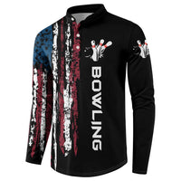 Distressed American Flag Button Sweatshirt with Bowling Pins and Ball Vertical Stripe Design - Wonder Print Shop