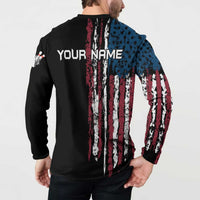 Distressed American Flag Button Sweatshirt with Bowling Pins and Ball Vertical Stripe Design - Wonder Print Shop
