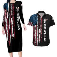 Distressed American Flag Couples Matching Long Sleeve Bodycon Dress and Hawaiian Shirt with Bowling Pins and Ball Vertical Stripe Design - Wonder Print Shop