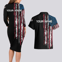 Distressed American Flag Couples Matching Long Sleeve Bodycon Dress and Hawaiian Shirt with Bowling Pins and Ball Vertical Stripe Design - Wonder Print Shop