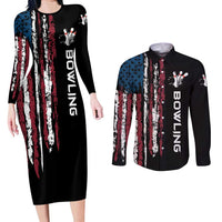Distressed American Flag Couples Matching Long Sleeve Bodycon Dress and Long Sleeve Button Shirt with Bowling Pins and Ball Vertical Stripe Design - Wonder Print Shop
