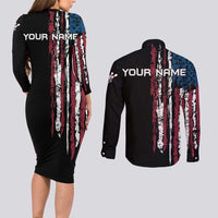 Distressed American Flag Couples Matching Long Sleeve Bodycon Dress and Long Sleeve Button Shirt with Bowling Pins and Ball Vertical Stripe Design - Wonder Print Shop
