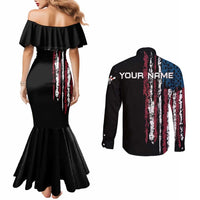 Distressed American Flag Couples Matching Mermaid Dress and Long Sleeve Button Shirt with Bowling Pins and Ball Vertical Stripe Design - Wonder Print Shop