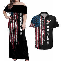 Distressed American Flag Couples Matching Off Shoulder Maxi Dress and Hawaiian Shirt with Bowling Pins and Ball Vertical Stripe Design - Wonder Print Shop