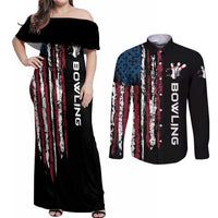 Distressed American Flag Couples Matching Off Shoulder Maxi Dress and Long Sleeve Button Shirt with Bowling Pins and Ball Vertical Stripe Design - Wonder Print Shop