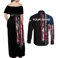 Distressed American Flag Couples Matching Off Shoulder Maxi Dress and Long Sleeve Button Shirt with Bowling Pins and Ball Vertical Stripe Design - Wonder Print Shop