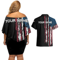 Distressed American Flag Couples Matching Off Shoulder Short Dress and Hawaiian Shirt with Bowling Pins and Ball Vertical Stripe Design - Wonder Print Shop