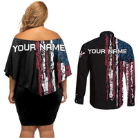 Distressed American Flag Couples Matching Off Shoulder Short Dress and Long Sleeve Button Shirt with Bowling Pins and Ball Vertical Stripe Design - Wonder Print Shop