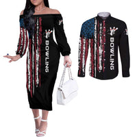 Distressed American Flag Couples Matching Off The Shoulder Long Sleeve Dress and Long Sleeve Button Shirt with Bowling Pins and Ball Vertical Stripe Design - Wonder Print Shop