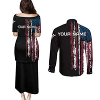 Distressed American Flag Couples Matching Puletasi and Long Sleeve Button Shirt with Bowling Pins and Ball Vertical Stripe Design - Wonder Print Shop