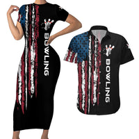 Distressed American Flag Couples Matching Short Sleeve Bodycon Dress and Hawaiian Shirt with Bowling Pins and Ball Vertical Stripe Design - Wonder Print Shop