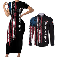 Distressed American Flag Couples Matching Short Sleeve Bodycon Dress and Long Sleeve Button Shirt with Bowling Pins and Ball Vertical Stripe Design - Wonder Print Shop