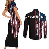 Distressed American Flag Couples Matching Short Sleeve Bodycon Dress and Long Sleeve Button Shirt with Bowling Pins and Ball Vertical Stripe Design - Wonder Print Shop