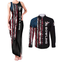 Distressed American Flag Couples Matching Tank Maxi Dress and Long Sleeve Button Shirt with Bowling Pins and Ball Vertical Stripe Design - Wonder Print Shop