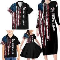 Distressed American Flag Family Matching Long Sleeve Bodycon Dress and Hawaiian Shirt with Bowling Pins and Ball Vertical Stripe Design - Wonder Print Shop