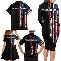 Distressed American Flag Family Matching Long Sleeve Bodycon Dress and Hawaiian Shirt with Bowling Pins and Ball Vertical Stripe Design - Wonder Print Shop