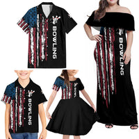 Distressed American Flag Family Matching Off Shoulder Maxi Dress and Hawaiian Shirt with Bowling Pins and Ball Vertical Stripe Design - Wonder Print Shop