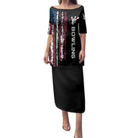 Distressed American Flag Family Matching Puletasi and Hawaiian Shirt with Bowling Pins and Ball Vertical Stripe Design - Wonder Print Shop