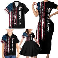 Distressed American Flag Family Matching Short Sleeve Bodycon Dress and Hawaiian Shirt with Bowling Pins and Ball Vertical Stripe Design - Wonder Print Shop