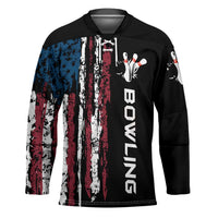 Distressed American Flag Hockey Jersey with Bowling Pins and Ball Vertical Stripe Design - Wonder Print Shop