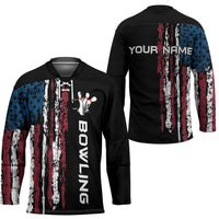 Distressed American Flag Hockey Jersey with Bowling Pins and Ball Vertical Stripe Design - Wonder Print Shop