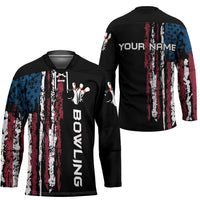 Distressed American Flag Hockey Jersey with Bowling Pins and Ball Vertical Stripe Design - Wonder Print Shop