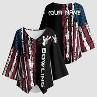 Distressed American Flag Kimono Sleeve Blouse with Bowling Pins and Ball Vertical Stripe Design - Wonder Print Shop