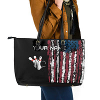 Distressed American Flag Leather Tote Bag with Bowling Pins and Ball Vertical Stripe Design - Wonder Print Shop