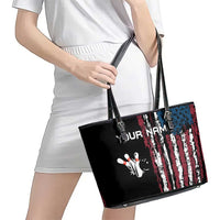 Distressed American Flag Leather Tote Bag with Bowling Pins and Ball Vertical Stripe Design - Wonder Print Shop