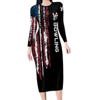 Distressed American Flag Long Sleeve Bodycon Dress with Bowling Pins and Ball Vertical Stripe Design - Wonder Print Shop