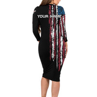 Distressed American Flag Long Sleeve Bodycon Dress with Bowling Pins and Ball Vertical Stripe Design - Wonder Print Shop