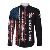 Distressed American Flag Long Sleeve Button Shirt with Bowling Pins and Ball Vertical Stripe Design - Wonder Print Shop