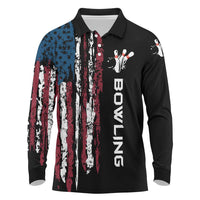 Distressed American Flag Long Sleeve Polo Shirt with Bowling Pins and Ball Vertical Stripe Design - Wonder Print Shop