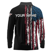 Distressed American Flag Long Sleeve Polo Shirt with Bowling Pins and Ball Vertical Stripe Design - Wonder Print Shop