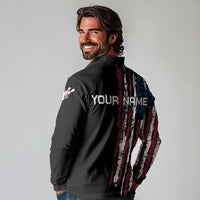 Distressed American Flag Long Sleeve Polo Shirt with Bowling Pins and Ball Vertical Stripe Design - Wonder Print Shop