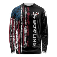 Distressed American Flag Long Sleeve Shirt with Bowling Pins and Ball Vertical Stripe Design - Wonder Print Shop
