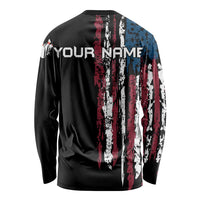 Distressed American Flag Long Sleeve Shirt with Bowling Pins and Ball Vertical Stripe Design - Wonder Print Shop